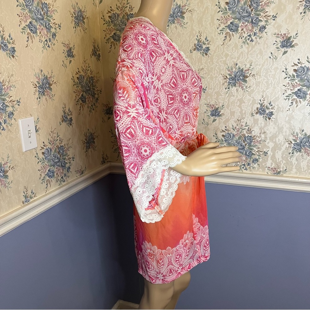 In Bloom Ombre Bright Pink & Orange Boho Beach Sheer Lace Kimono Robe, Size M - Picture 3 of 11